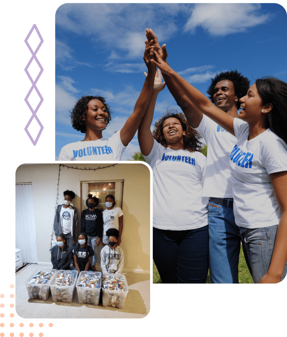 A group of people holding hands in front of boxes.