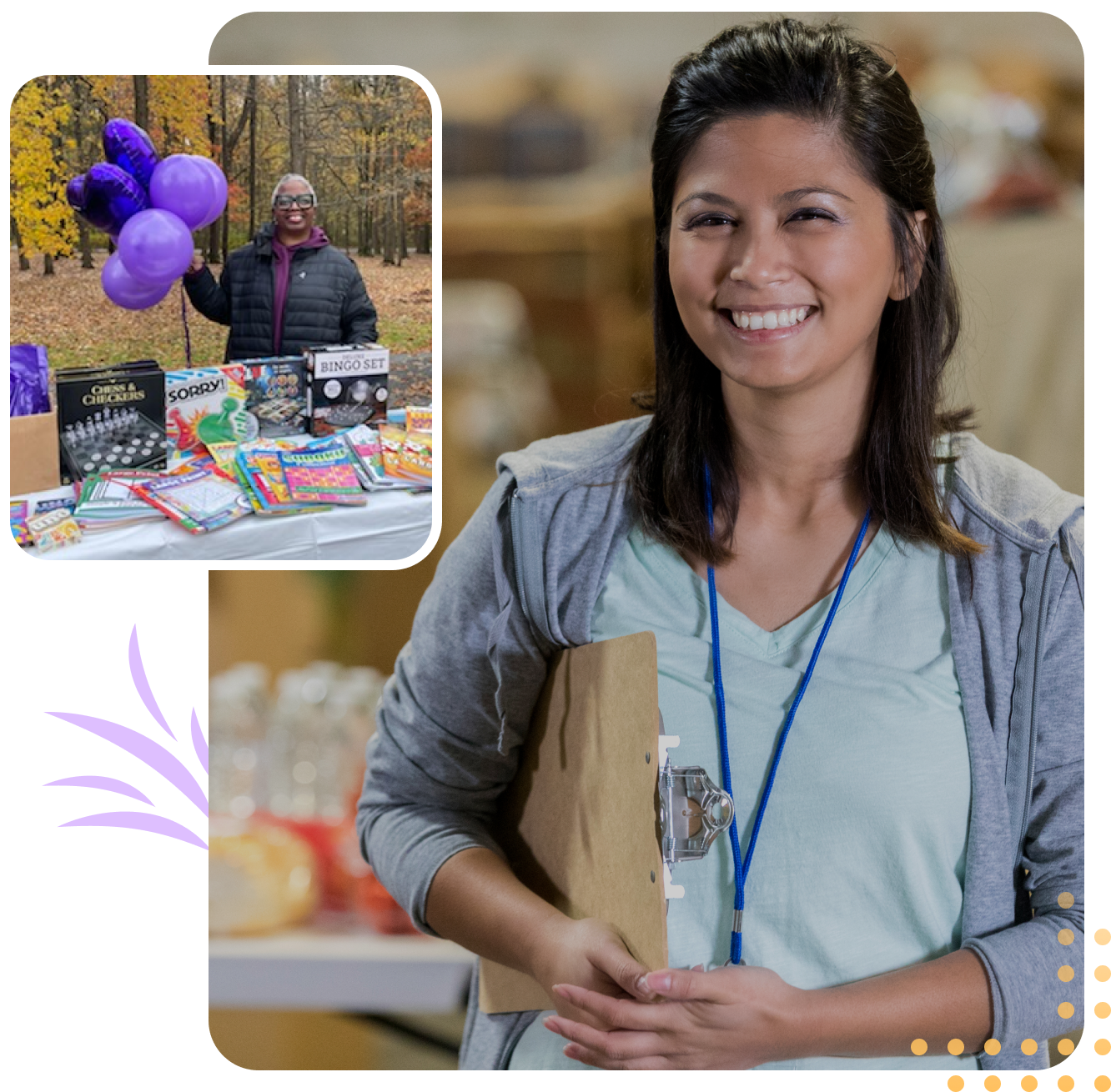 A woman holding a bag and smiling at the camera.